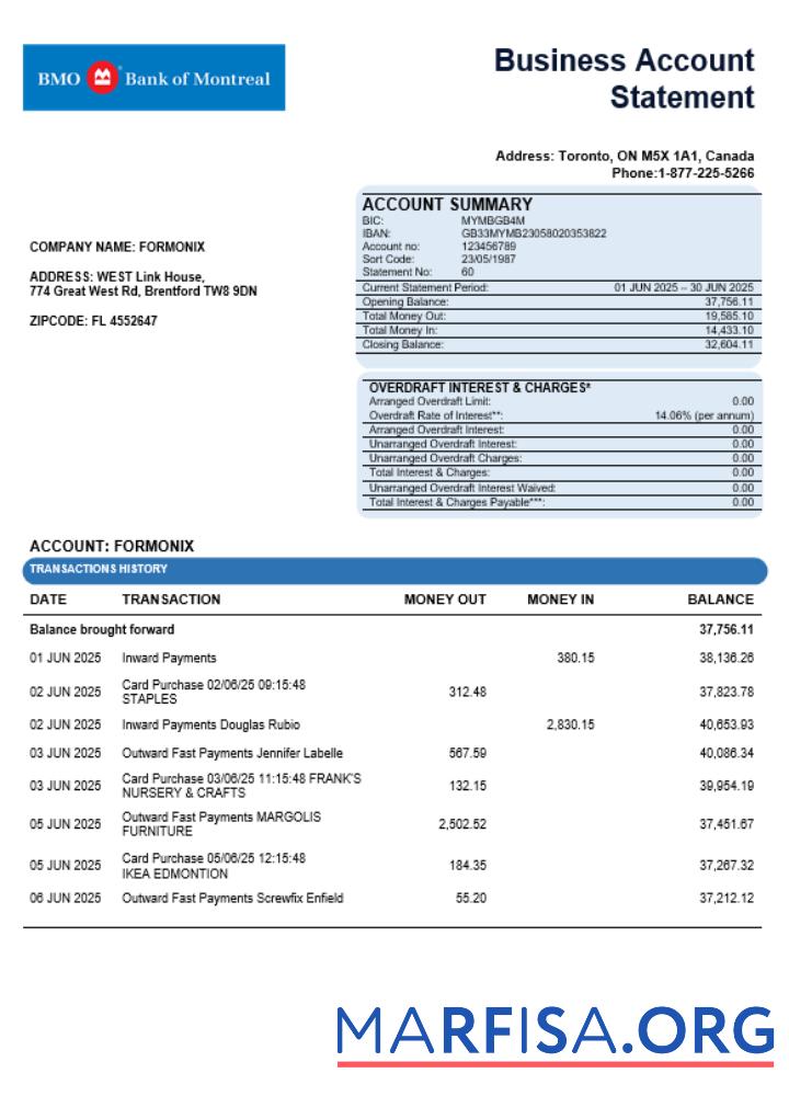 Downloadable Bank of Montreal company statement Word and PDF format template